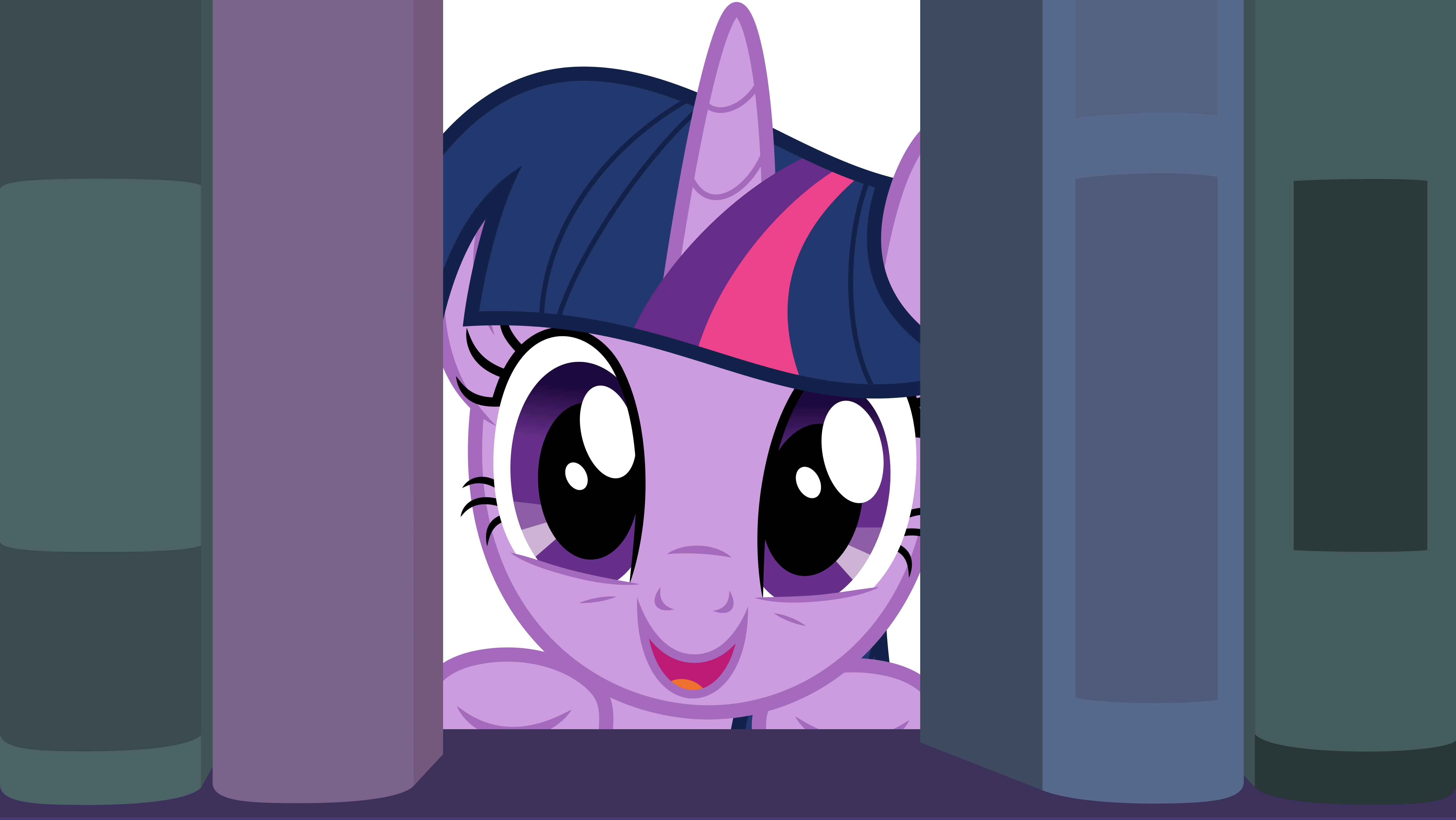 An image of Twilight Sparkle peaking out through a shelf of books.